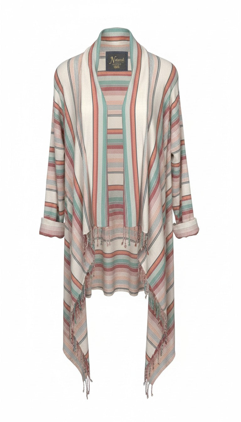 Cotton Blend Striped Fringe Waterfall Cardigan — Dusty Rose, Sage & Cream | Natural Reflections | Size 1X at Blue Sparrow Shop