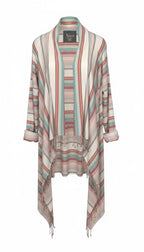Cotton Blend Striped Fringe Waterfall Cardigan — Dusty Rose, Sage & Cream | Natural Reflections | Size 1X at Blue Sparrow Shop