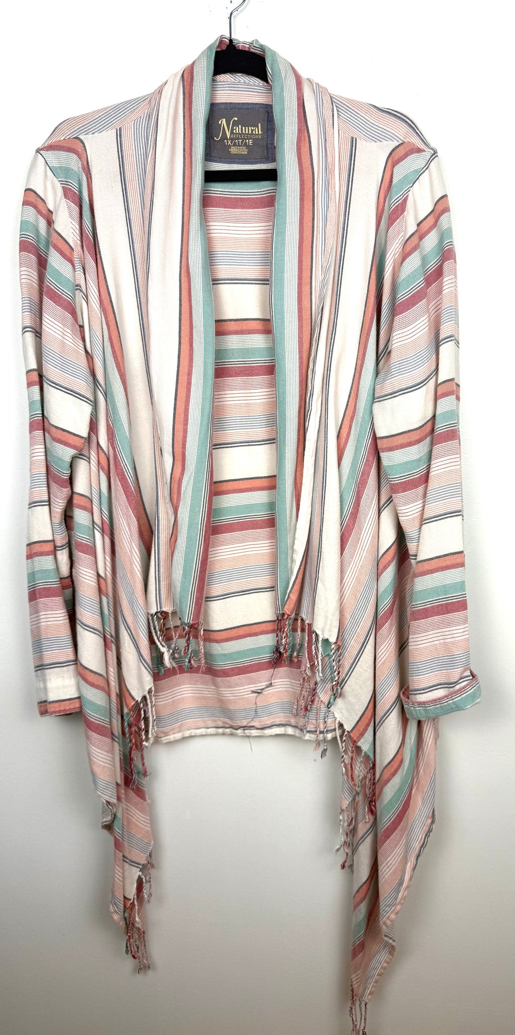 Cotton Blend Striped Fringe Waterfall Cardigan — Dusty Rose, Sage & Cream | Natural Reflections | Size 1X at Blue Sparrow Shop on hanger