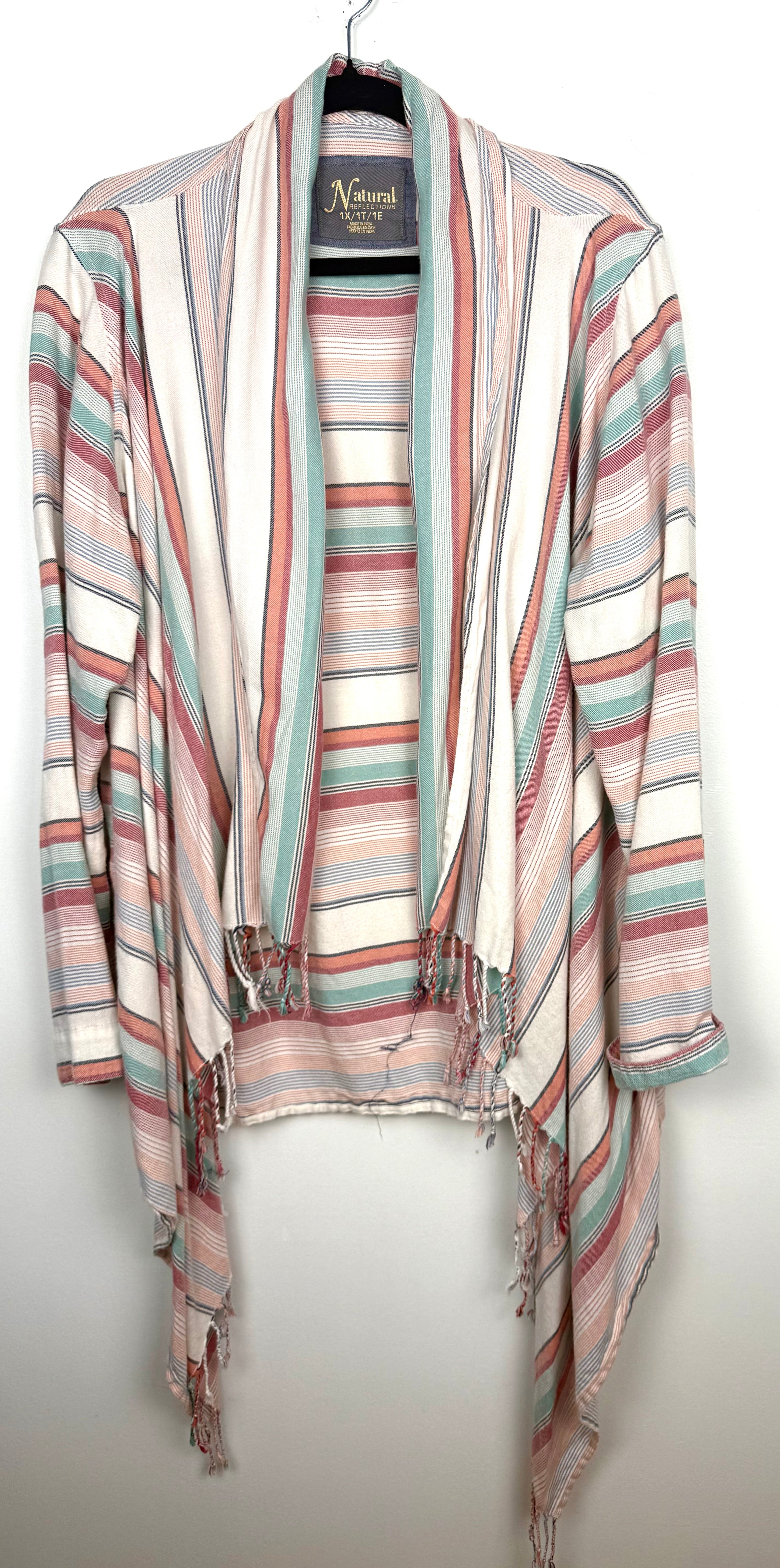 Cotton Blend Striped Fringe Waterfall Cardigan — Dusty Rose, Sage & Cream | Natural Reflections | Size 1X at Blue Sparrow Shop on hanger