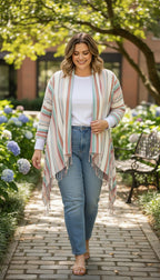 Cotton Blend Striped Fringe Waterfall Cardigan — Dusty Rose, Sage & Cream | Natural Reflections | Size 1X at Blue Sparrow Shop on woman outside