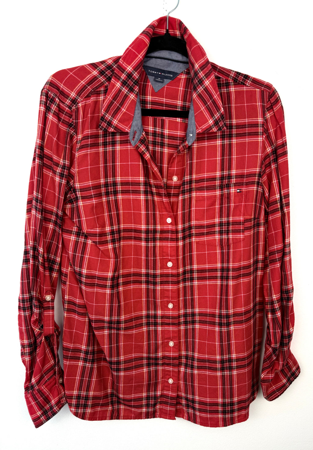 100% Cotton Tommy Hilfiger Plaid Shirt | Size M on white background
