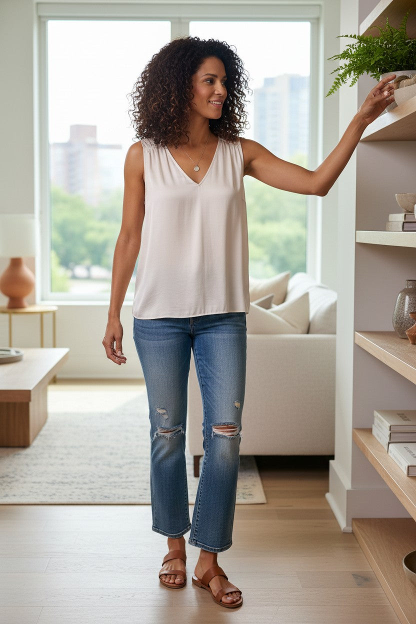Cream Banana Republic sleeveless blouse featuring a V-neckline, gathered shoulder detail, relaxed silhouette, and fluid drape throughout the body. on woman wearing barrel leg jeans reaching for something on a shelf