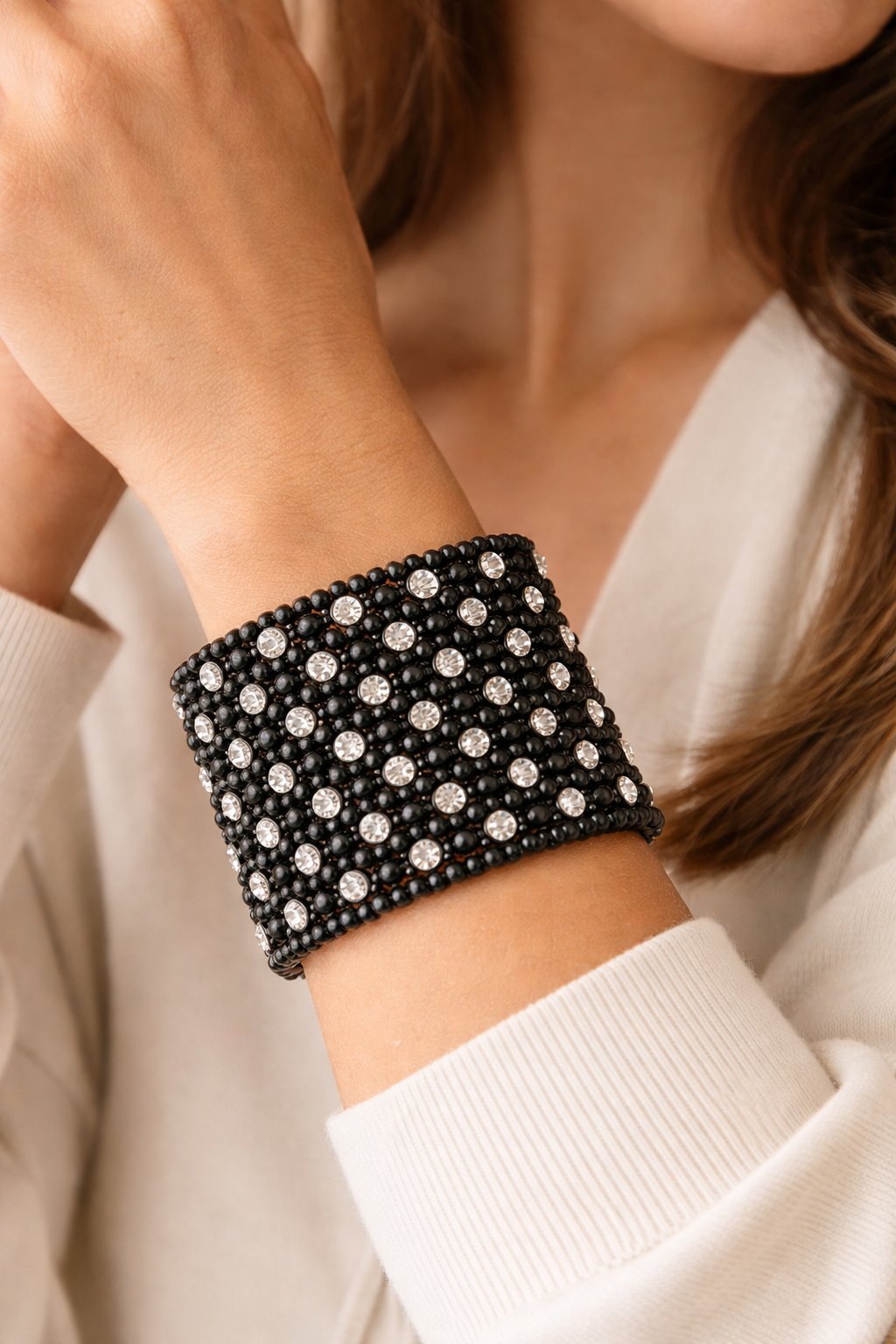 Crystal Rhinestone Wide Cuff Bracelet at Blue Sparrow Shop on womans arm 