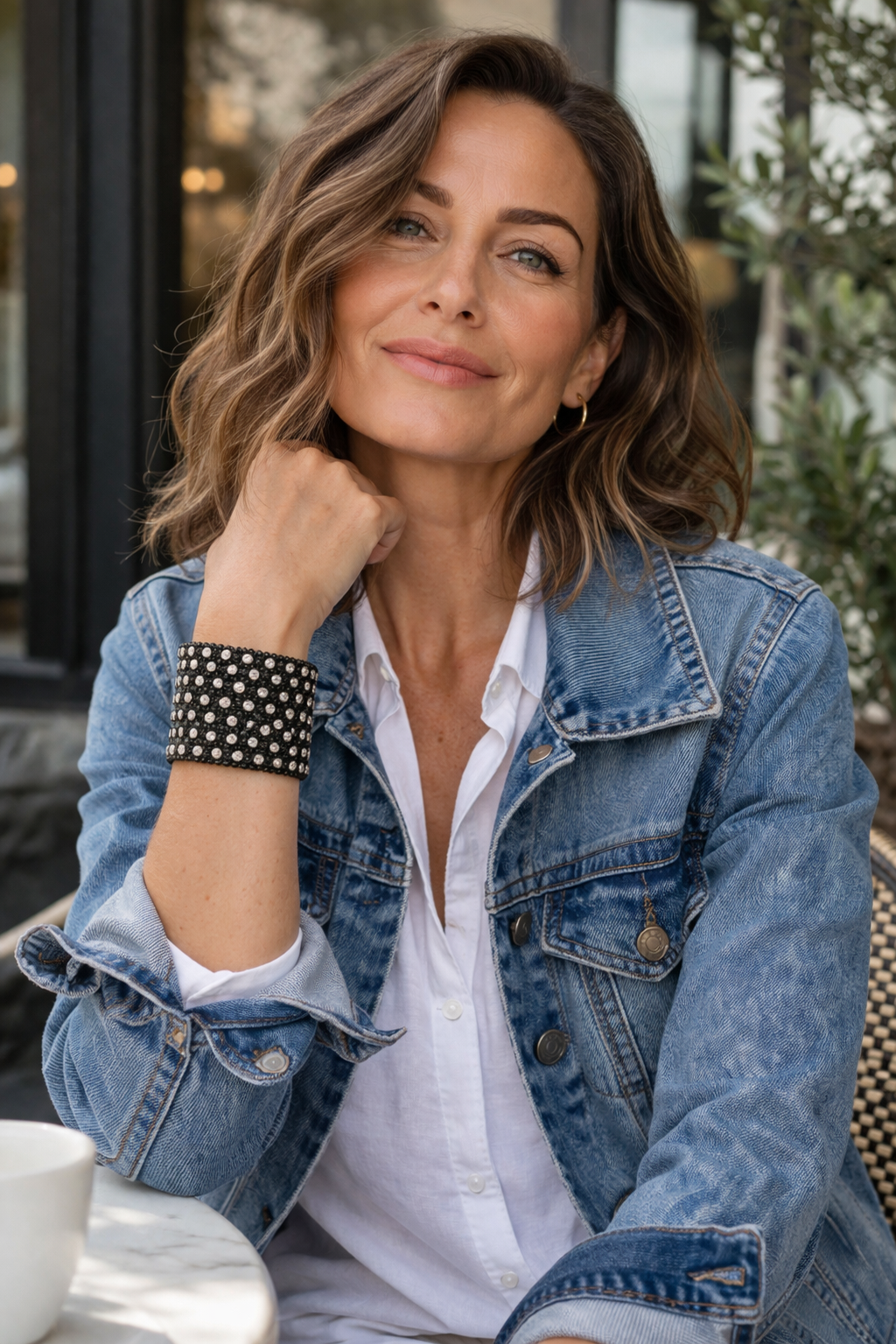 Crystal Rhinestone Wide Cuff Bracelet at Blue Sparrow Shop on woman wearing denim jacket