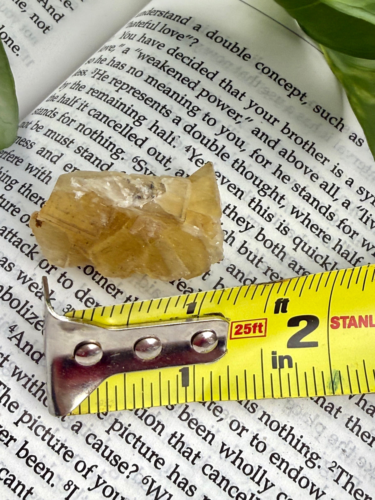 yellow fluorite with measuring tape showing it to be about 1.5"