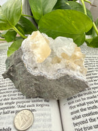 Apophyllite on a book with a dime to show scale 