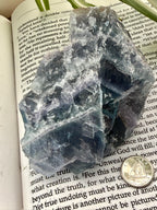 Fluorite crystal on an open book with a coin for scale