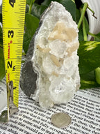 Apophyllite standing with measuring tape showing it to be approx 4" high 