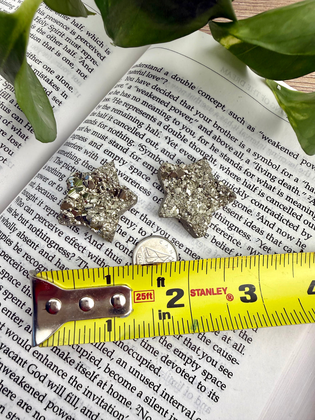2 small pyrite stars with a measuring tape to show the size - approx 1"