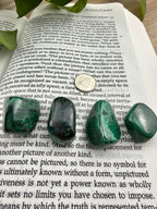 4 Malachite tumbles on a book with a dime for scale