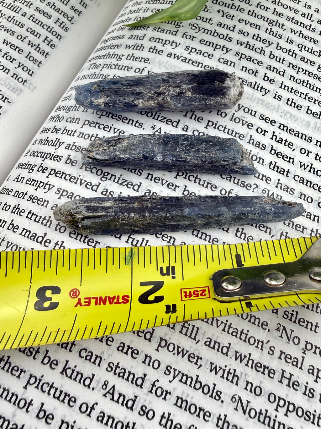 Three dark stone objects on top of an open book with a ruler for scale. These measure from 2-3 inches