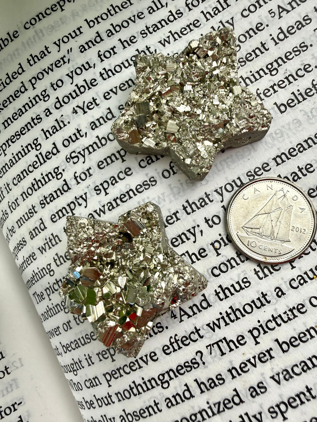 star shaped pyrite with a dime to show size 