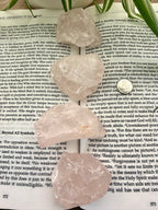 4 rose quartz crystals on top of a book with green leaves in the background