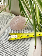 Rose quartz crystal on a book with a measuring tape, surrounded by green leaves
