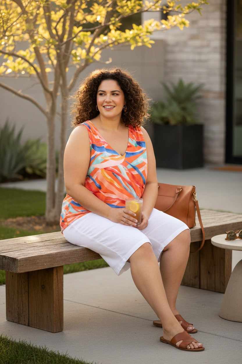 DEX Colourful Abstract Print Top | Size 2X at Blue Sparrow Shop on woman sitting on park bench
