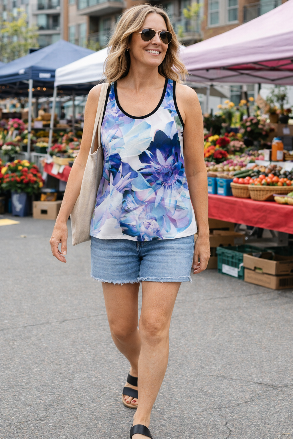 DKNY Floral Racerback Top at Blue Sparrow Shop on woman at market 