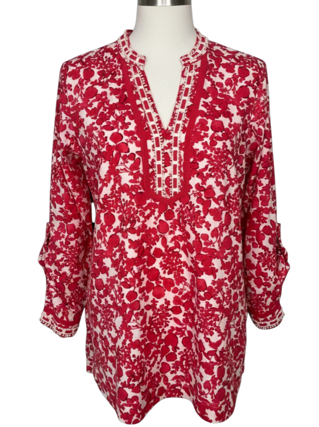Dalia Red and White Floral Tunic Top Women XL Boho Peasant Blouse
