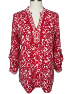 Dalia Red and White Floral Tunic Top Women XL Boho Peasant Blouse
