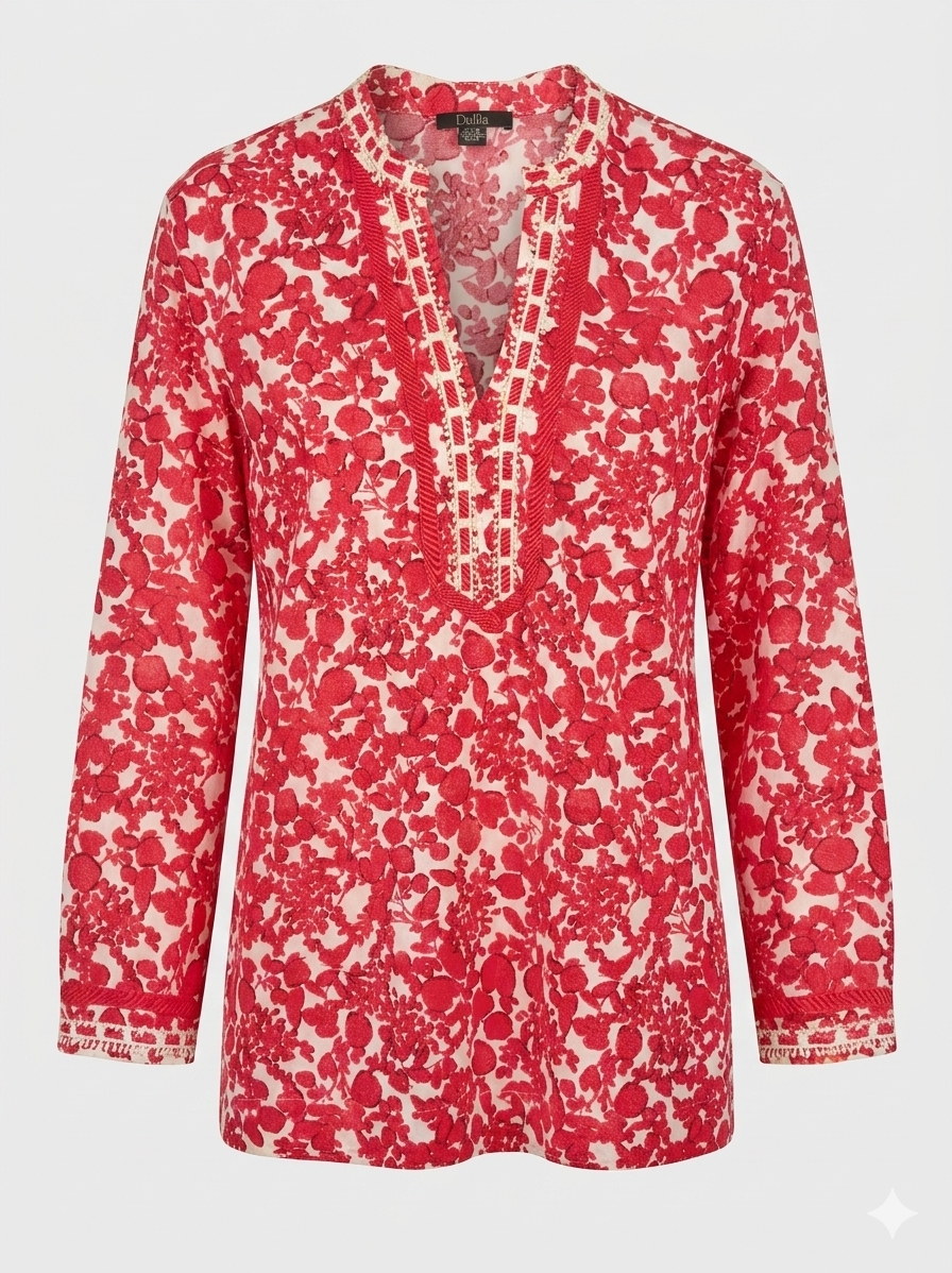 Dalia  boho peasant Floral Tunic Top in red and white  styled on ghost mannequin