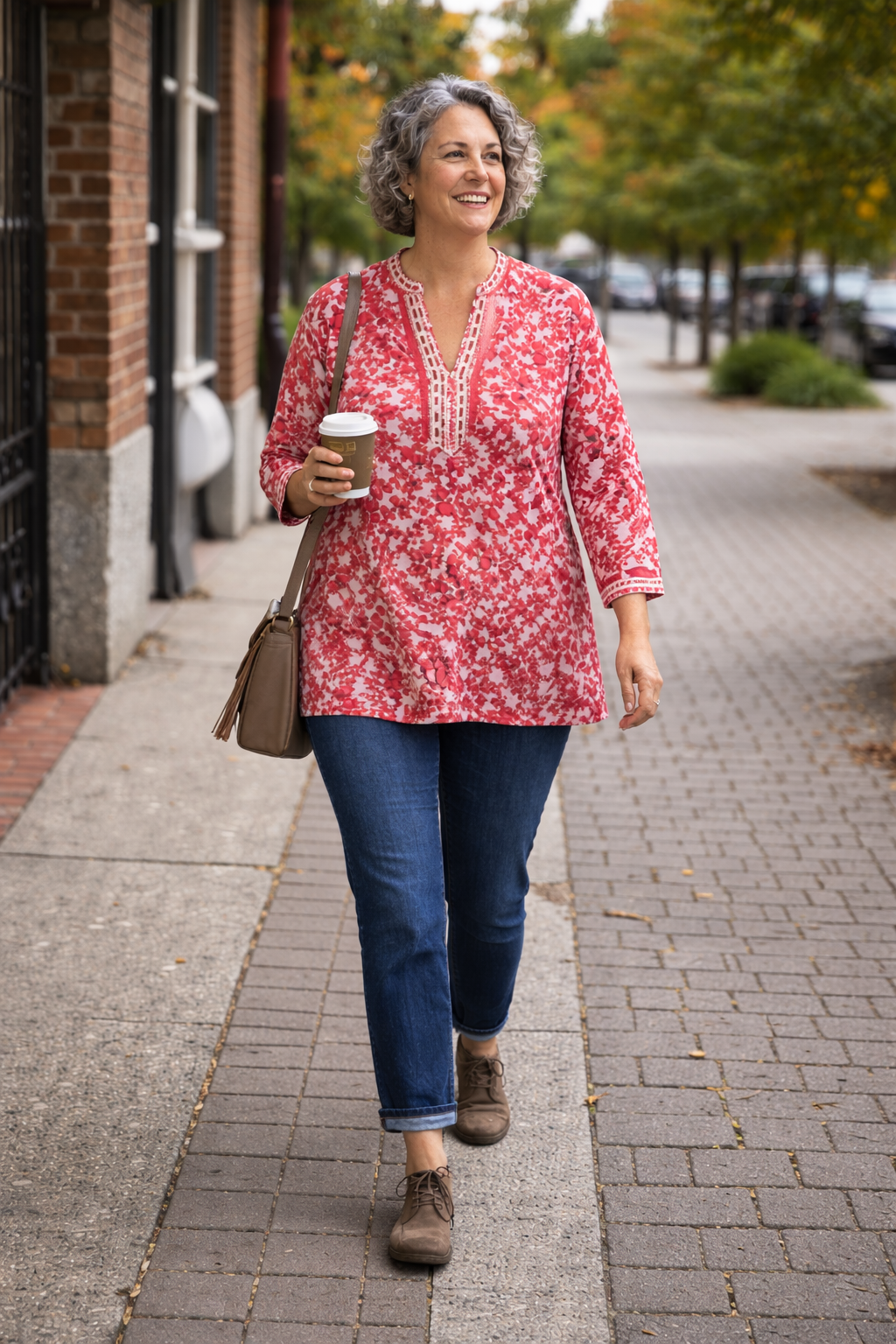 Dalia  boho peasant Floral Tunic Top in red and white  styled on woman 