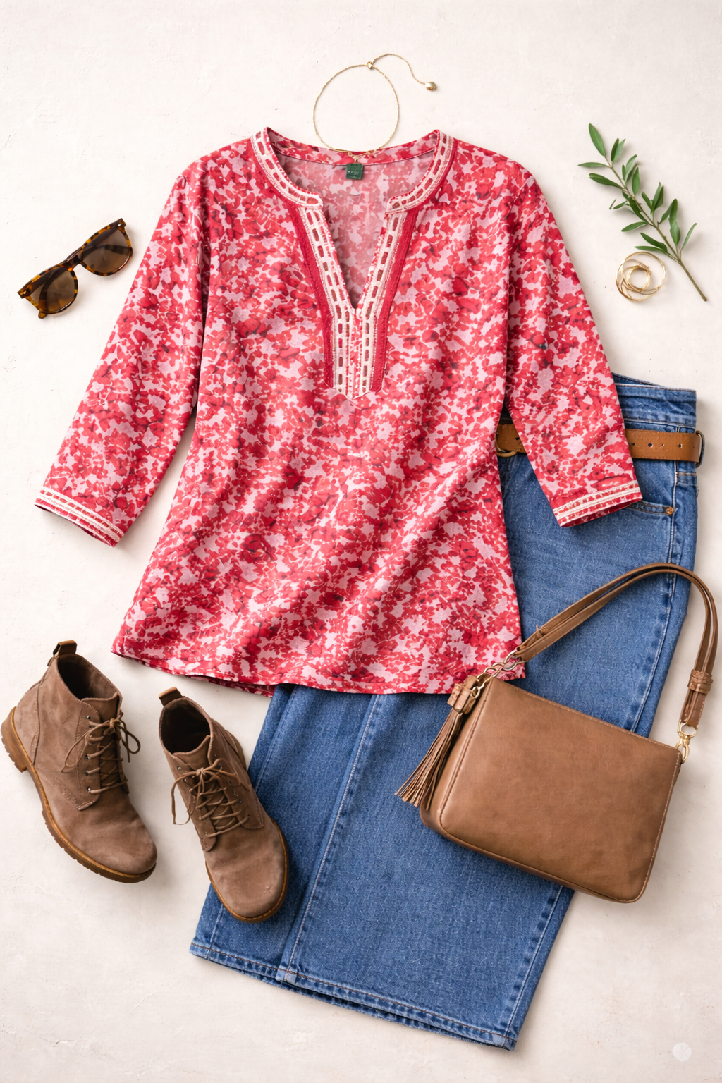 Dalia  boho peasant Floral Tunic Top in red and white  styled with jeans