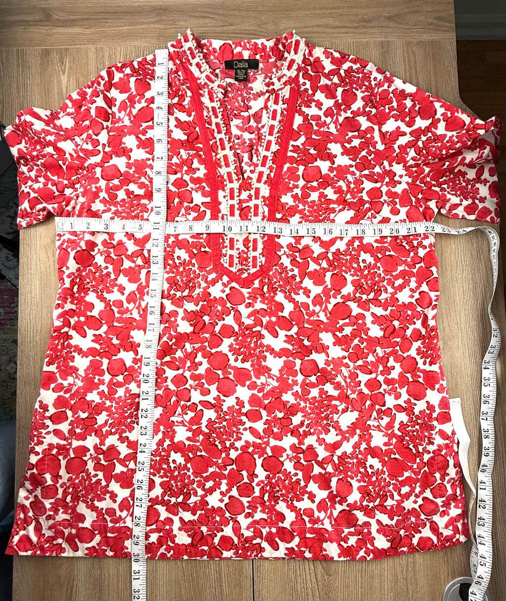Dalia boho peasant blouse red and white measuring 44" bust 30" shoulder to hem 