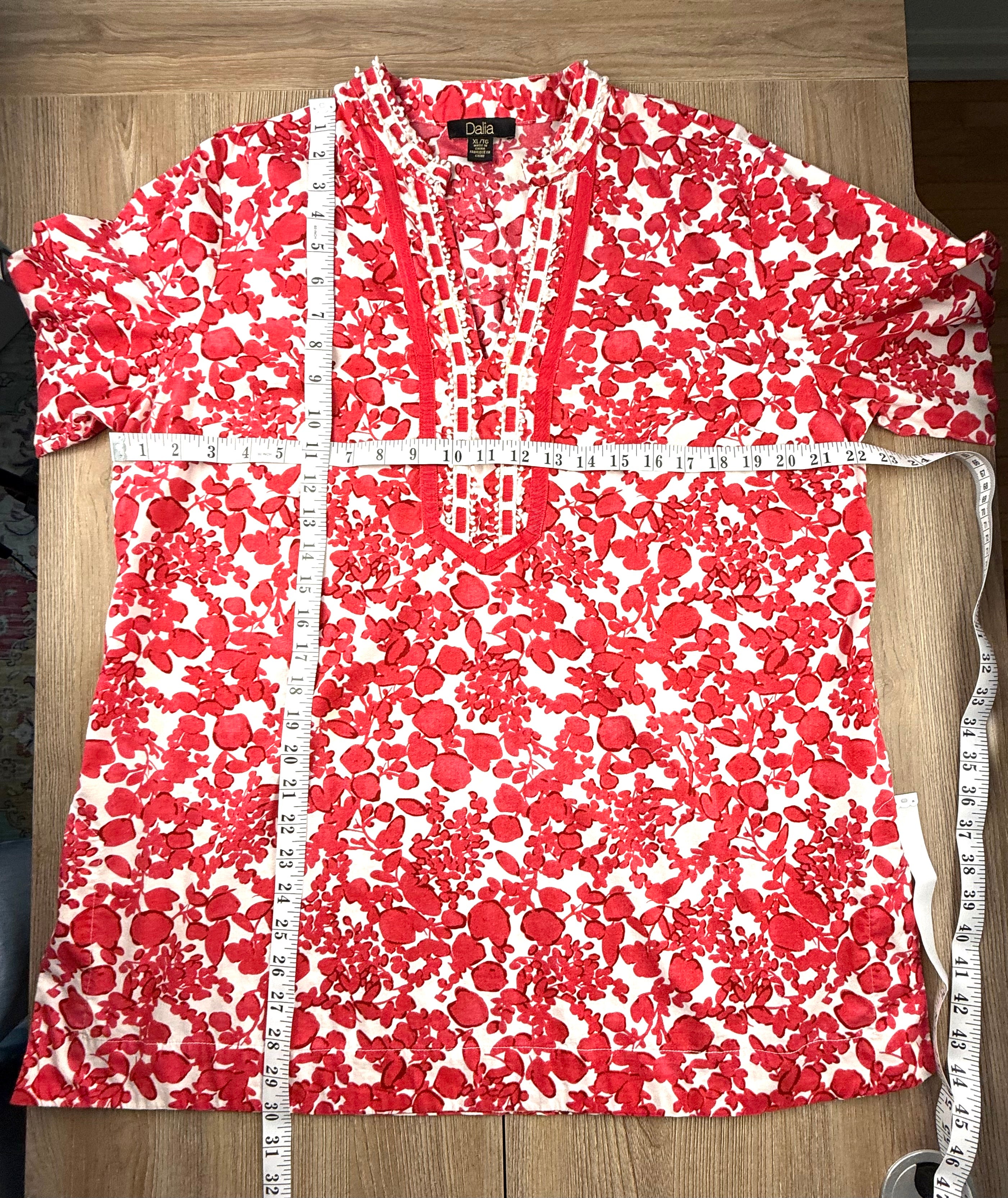 Dalia boho peasant blouse red and white measuring 44" bust 30" shoulder to hem 