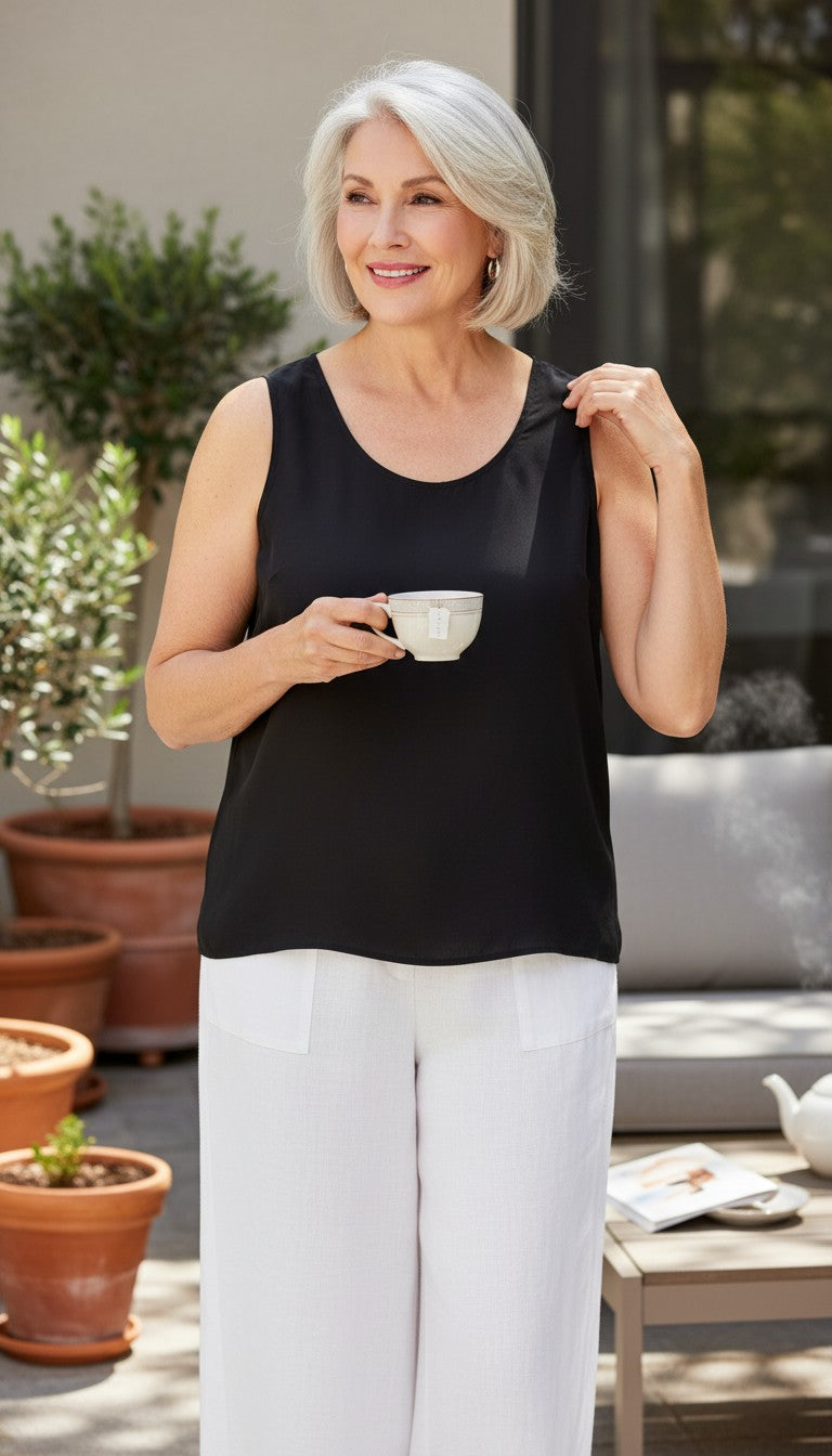 Daniel Hechter 100% Silk Black Tank Top | French Designer Silk Scoop Neck Tank Size M at Blue Sparrow Shop  on woman outside drinking coffee