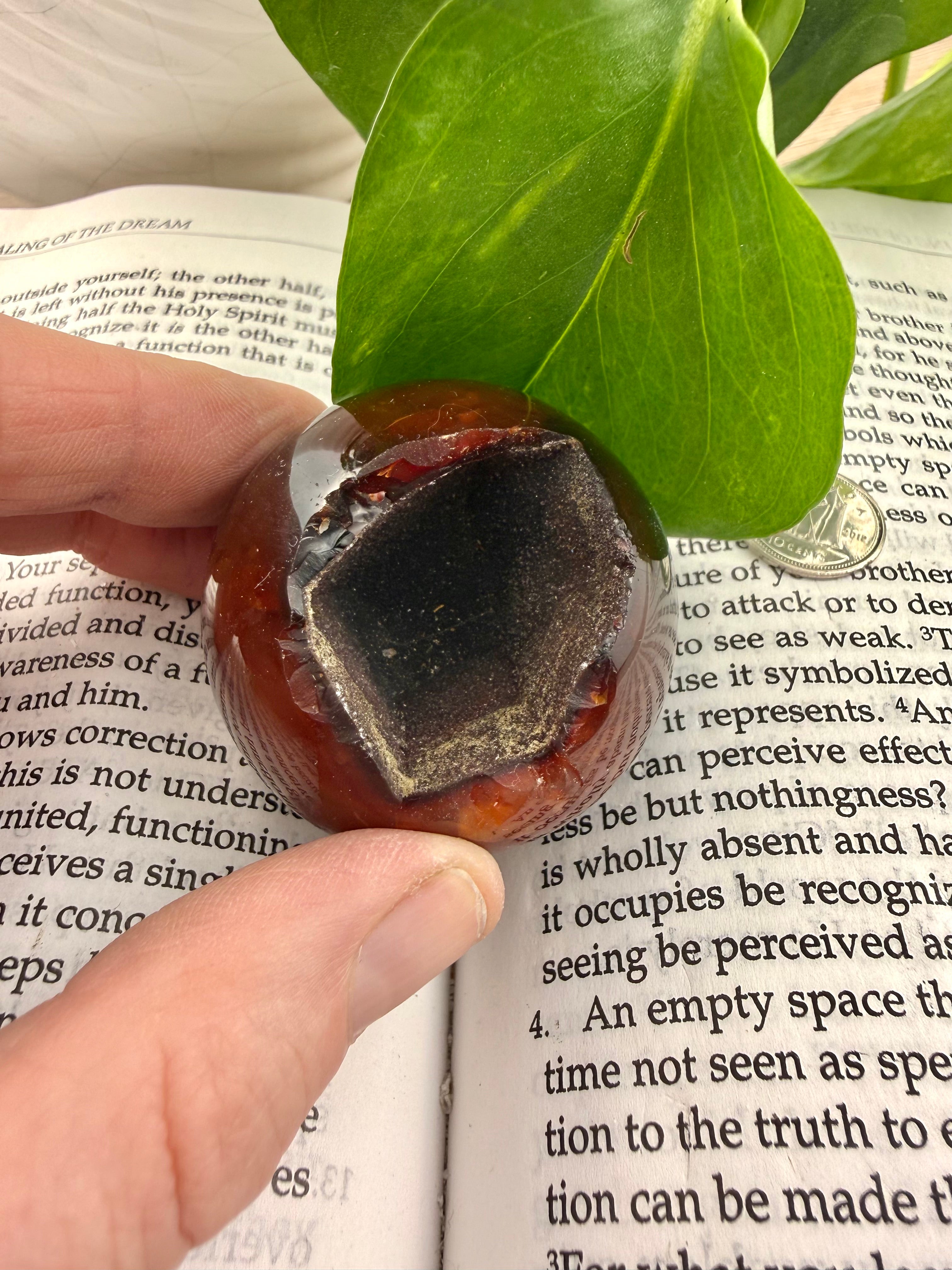 up close of druzy in carnelian sphere 