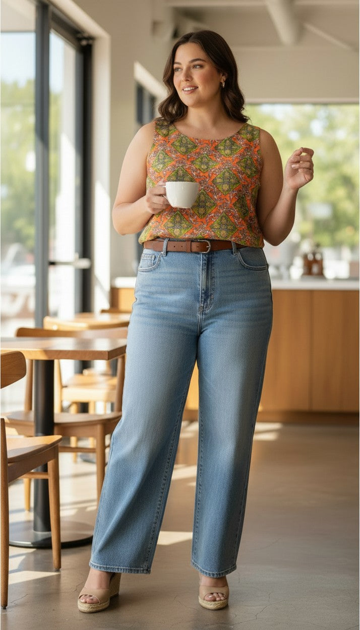 Darling Louisa Top | Size L at Blue Sparrow Shop  on woman wearing wide leg jeans 