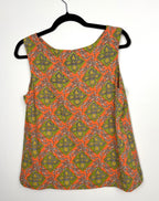Darling sleeveless blouse back view orange lime green geometric print women’s statement top