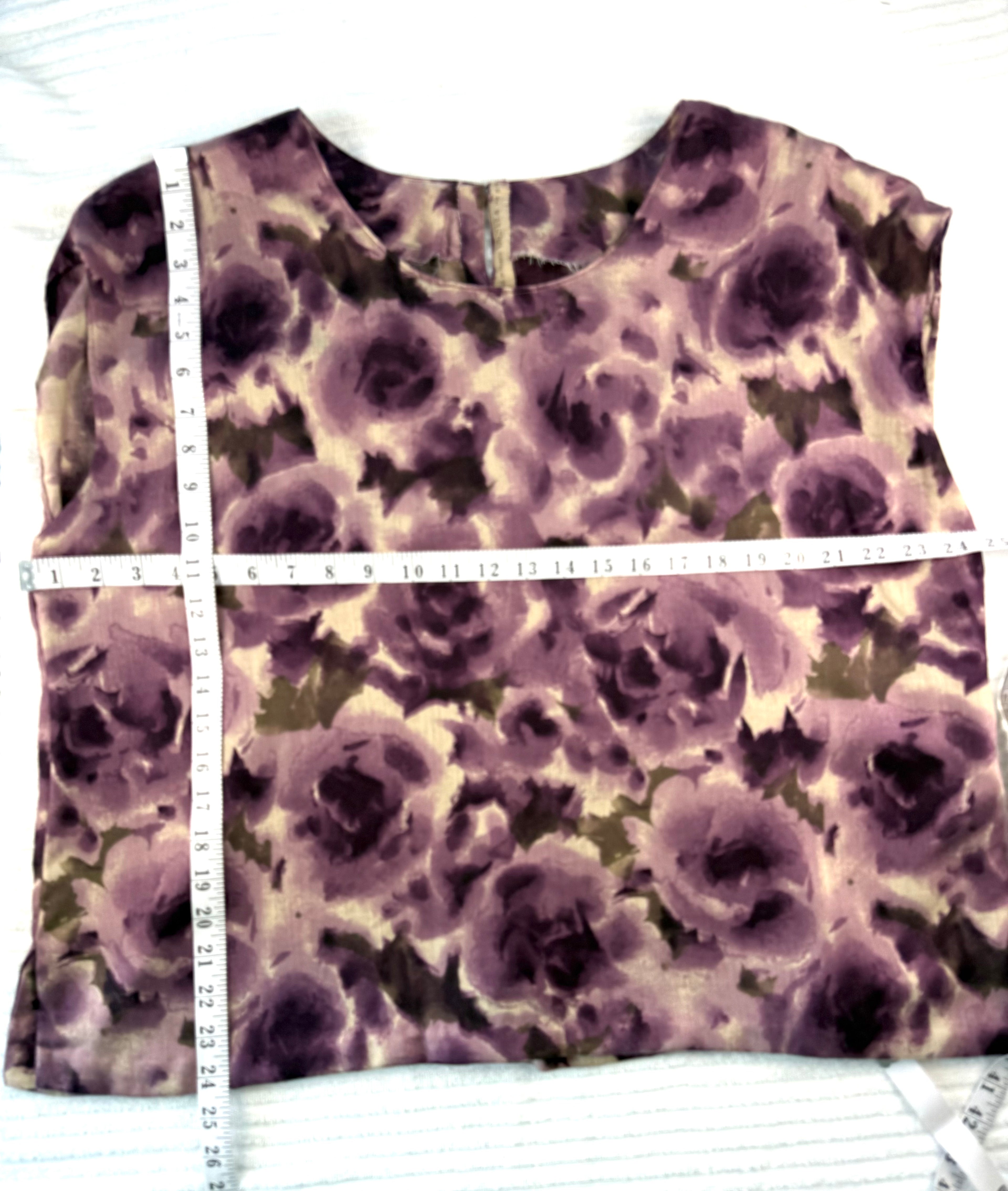 Desie® Made in France — Purple Watercolour Floral Blouse | Size L  at Blue Sparrow Shop measuring 48" bust and 24" shoulder to hem 