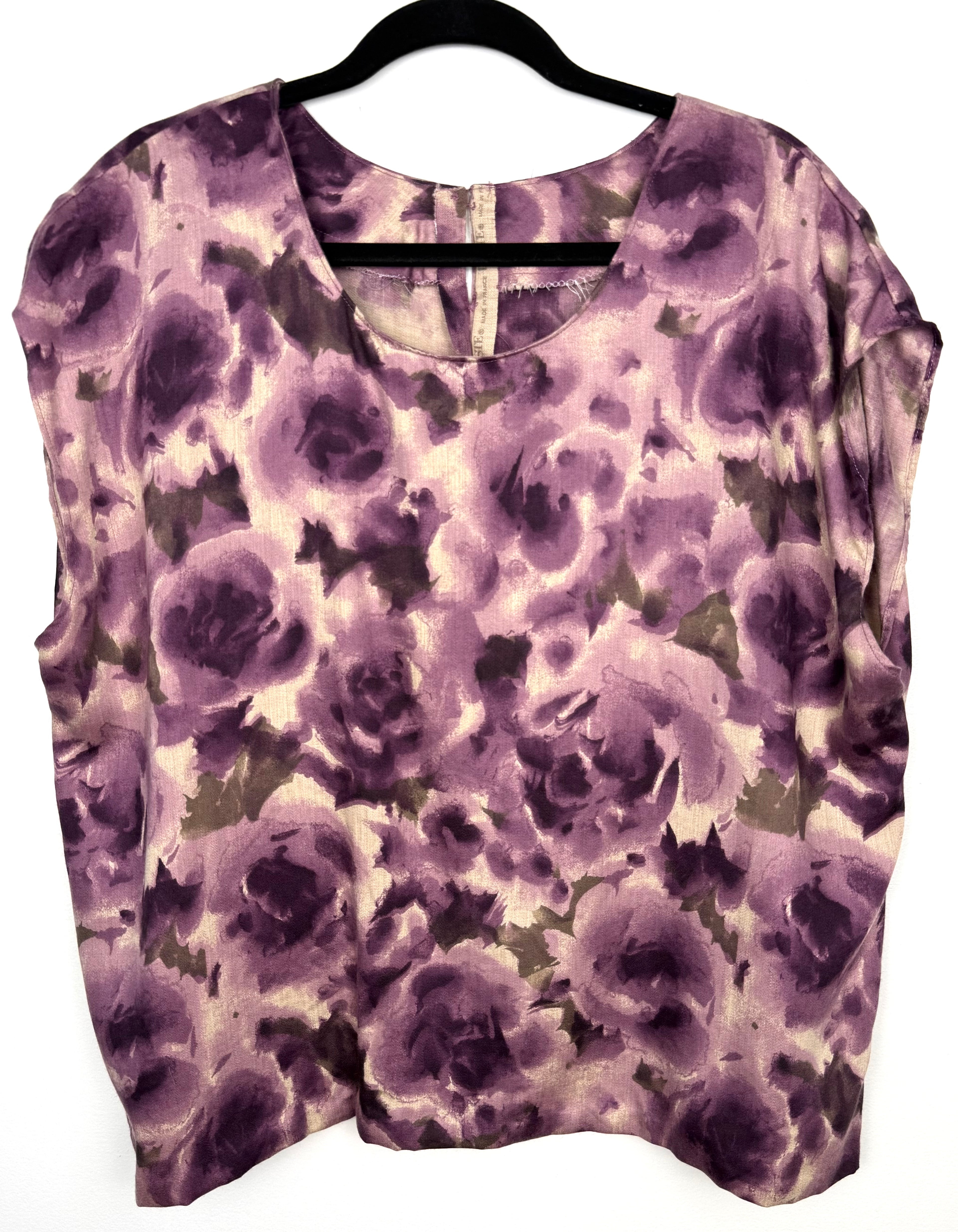 Desie® Made in France — Purple Watercolour Floral Blouse | Size L  at Blue Sparrow Shop on hanger