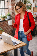 Desigual Heart Jacket at Blue Sparrow Shop shown on woman in office 