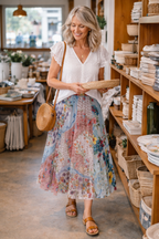 Desigual Patchwork Skirt at Blue Sparrow Shop on woman in a ship wearing it in reverse