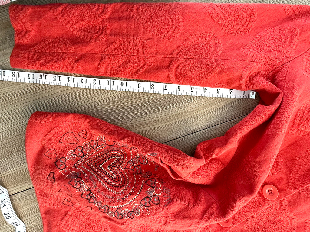 Desigual coat red with heart pattern made in canada desigual jacket measuring 18" sleeve length