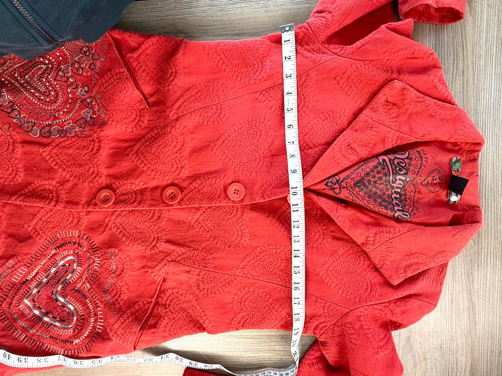 Desigual coat red with heart pattern made in canada desigual jacket measuring 38" bust