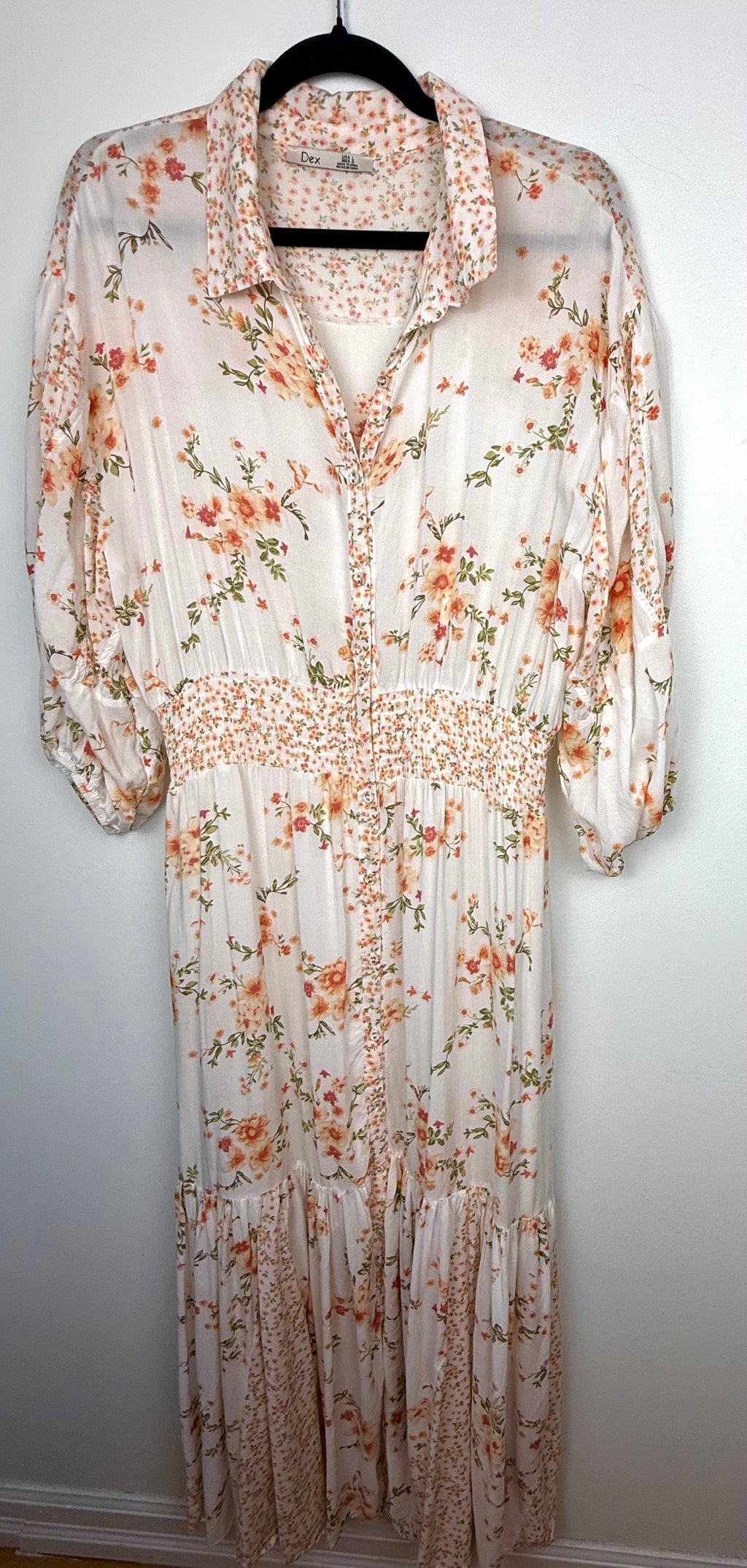 Dex Smocked Waist Romantic Midi Dress | Size L at Blue Sparrow Shop on hanger