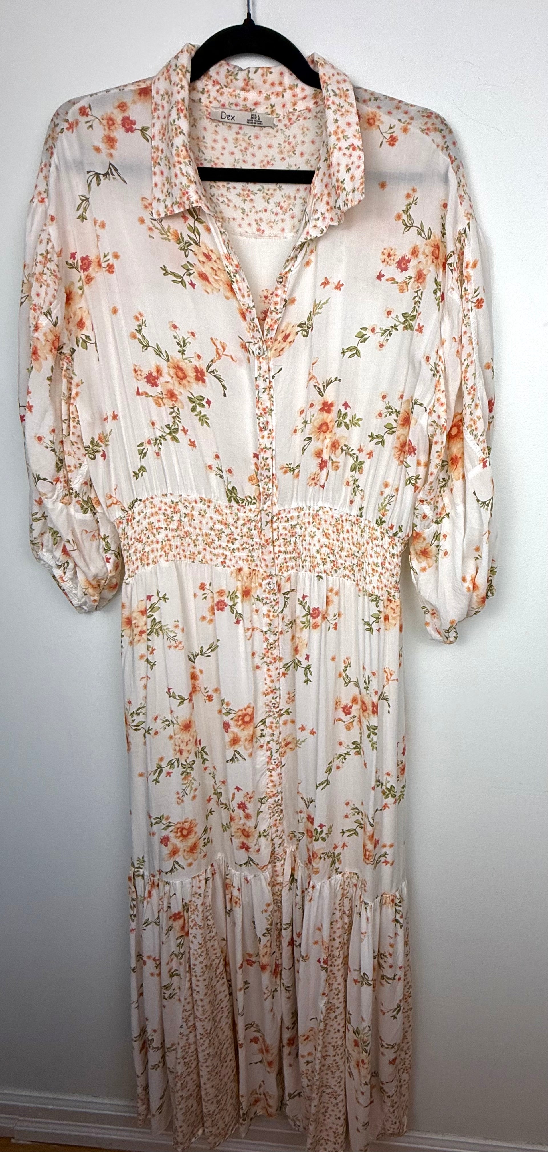 Dex Smocked Waist Romantic Midi Dress | Size L at Blue Sparrow Shop on hanger