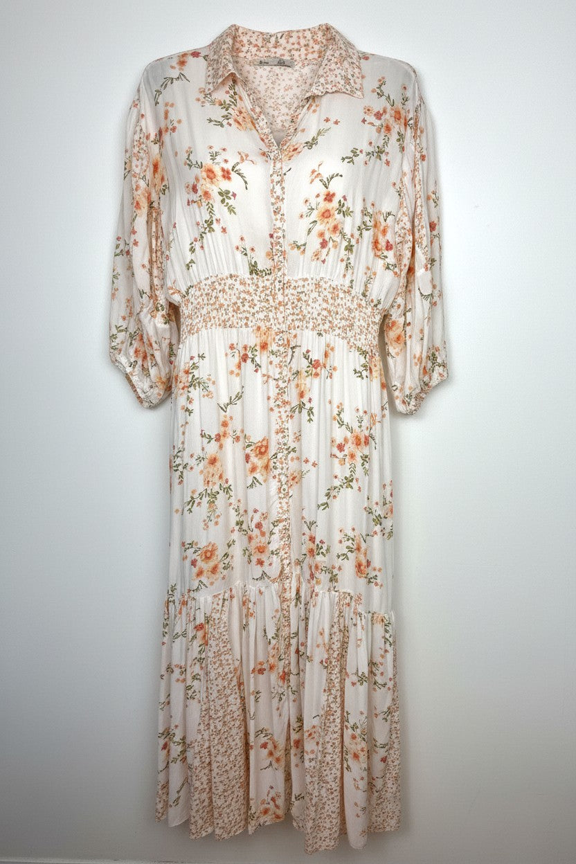 Dex Smocked Waist Romantic Midi Dress | Size L at Blue Sparrow Shop  on white background