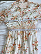 Dex Smocked Waist Romantic Midi Dress | Size L at Blue Sparrow Shop measuring 40" bust and 30" waist when elastic is relaxed