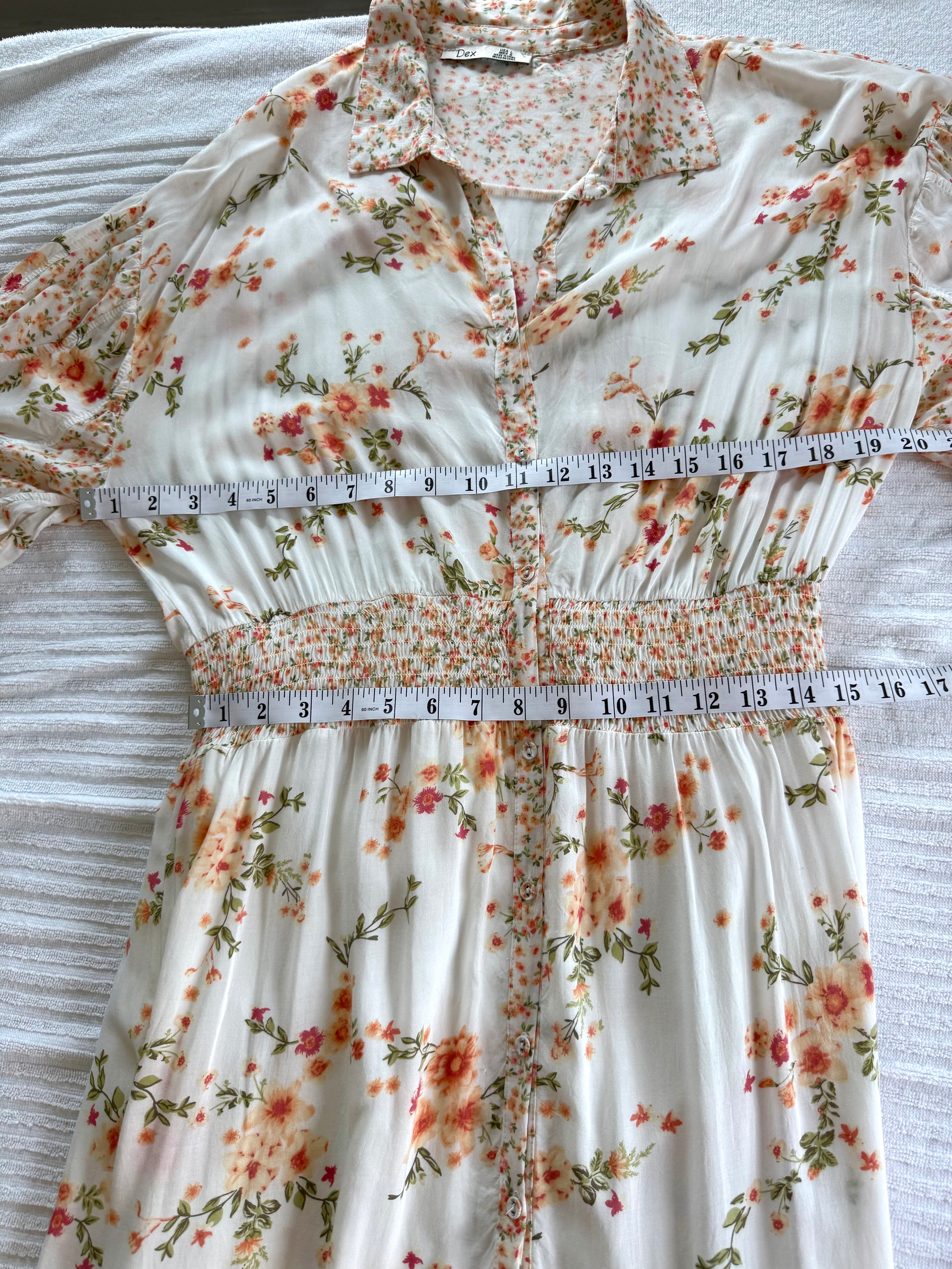 Dex Smocked Waist Romantic Midi Dress | Size L at Blue Sparrow Shop measuring 40" bust and 30" waist when elastic is relaxed