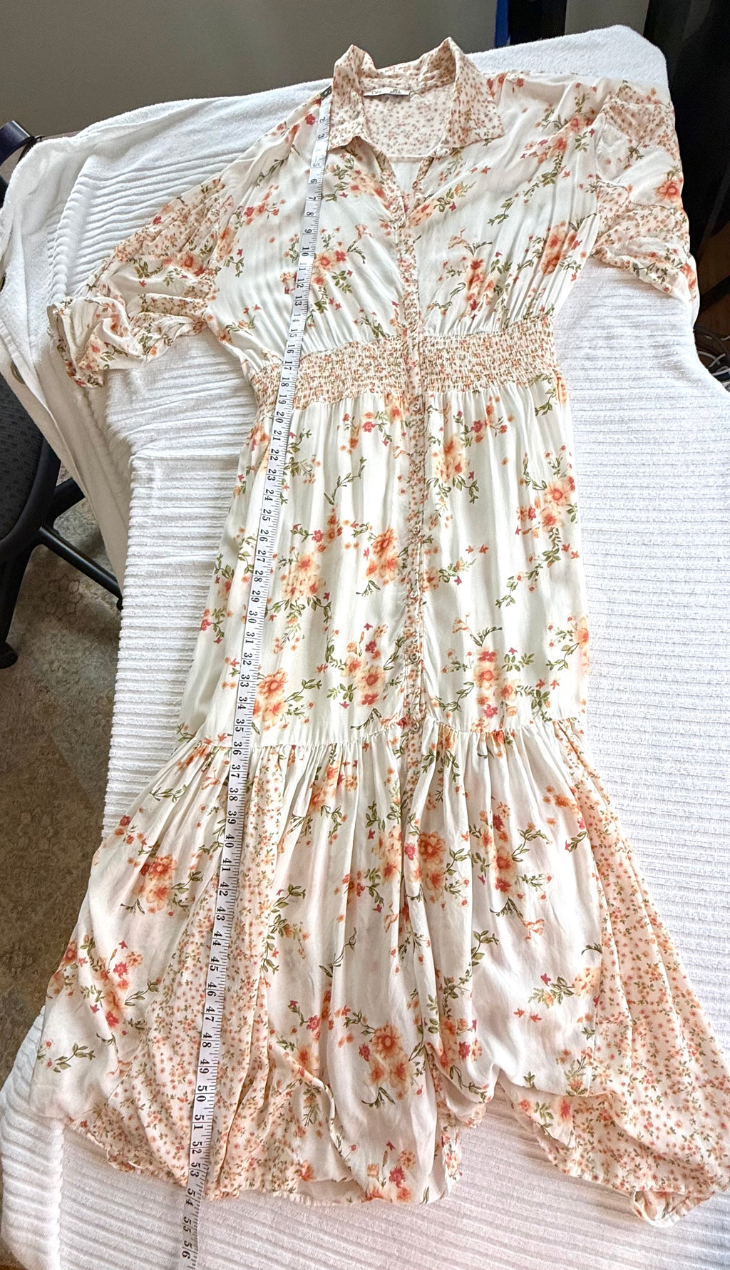 Dex Smocked Waist Romantic Midi Dress | Size L at Blue Sparrow Shop measuring 54" length 