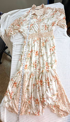 Dex Smocked Waist Romantic Midi Dress | Size L at Blue Sparrow Shop measuring 54" length 
