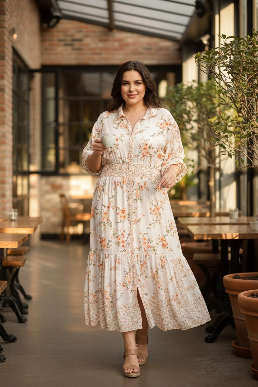Dex Smocked Waist Romantic Midi Dress | Size L at Blue Sparrow Shop  on woman walking outside on patio 