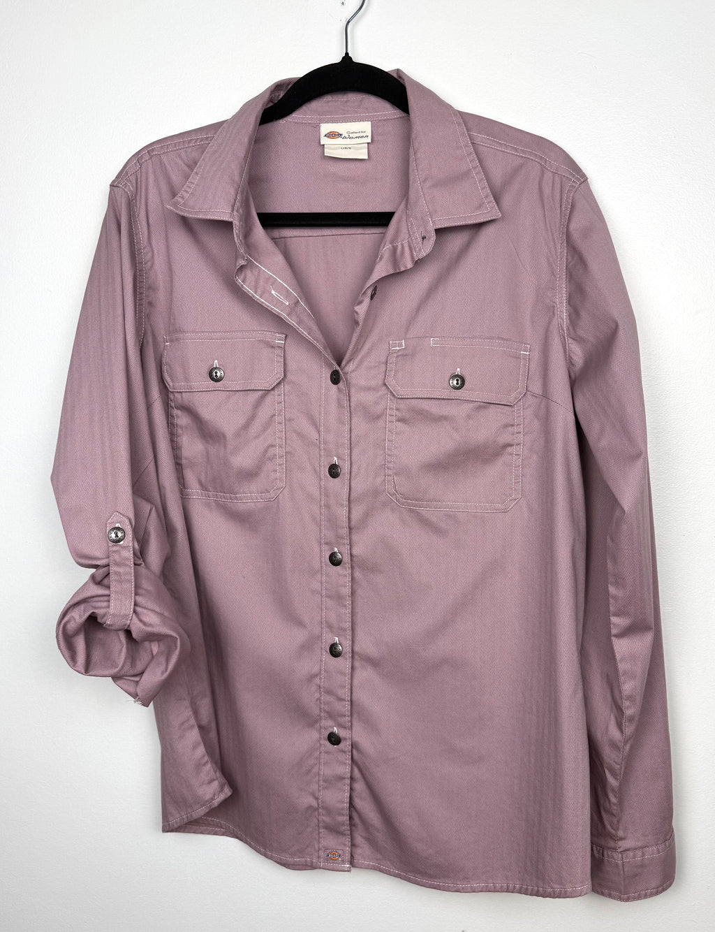 Dickies pink workwear shirt styled with rolled sleeves on hanger