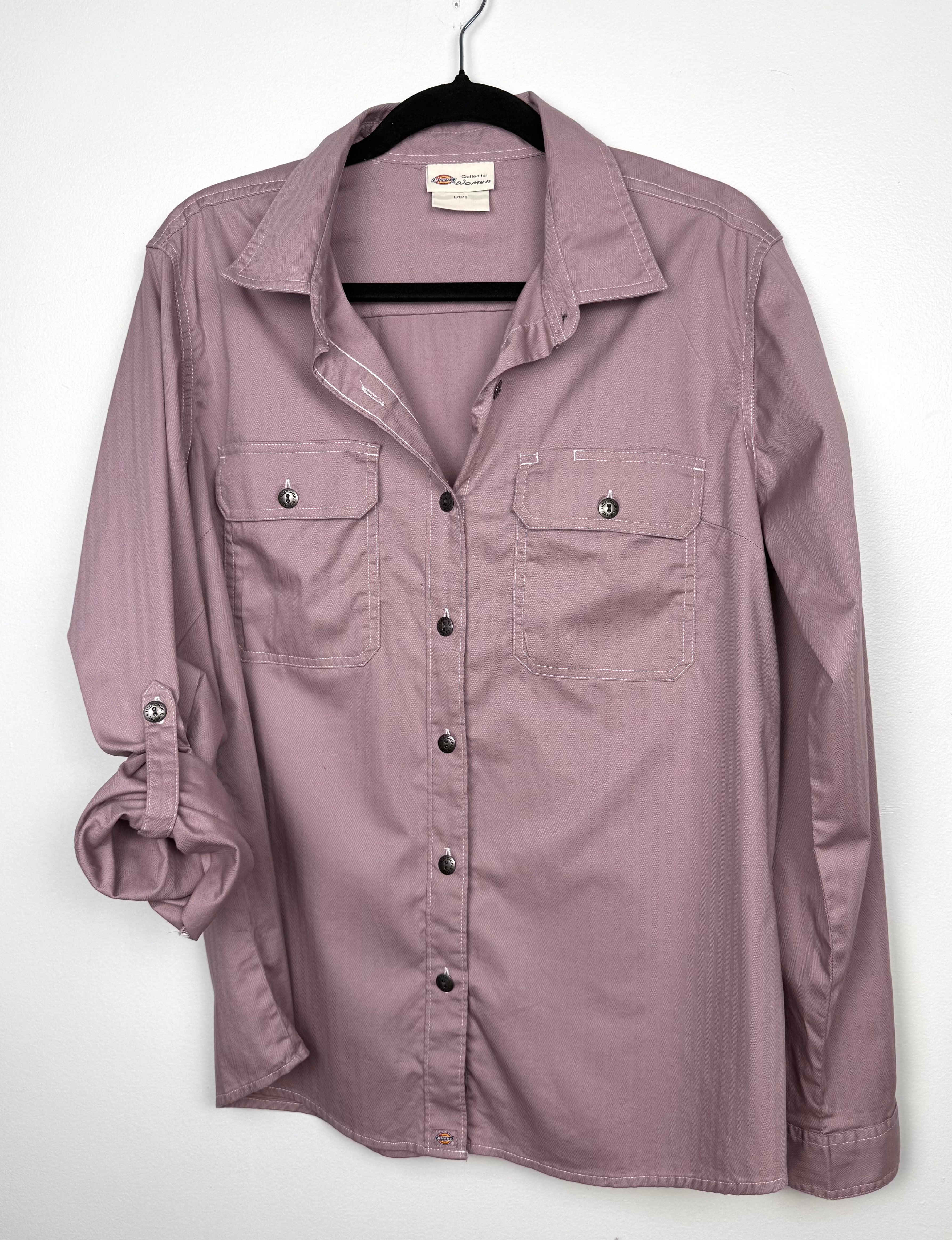 Dickies pink workwear shirt styled with rolled sleeves on hanger