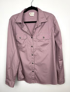 Dickies women’s mauve utility button down shirt with dual chest cargo pockets and long sleeves, workwear style structured top on hanger