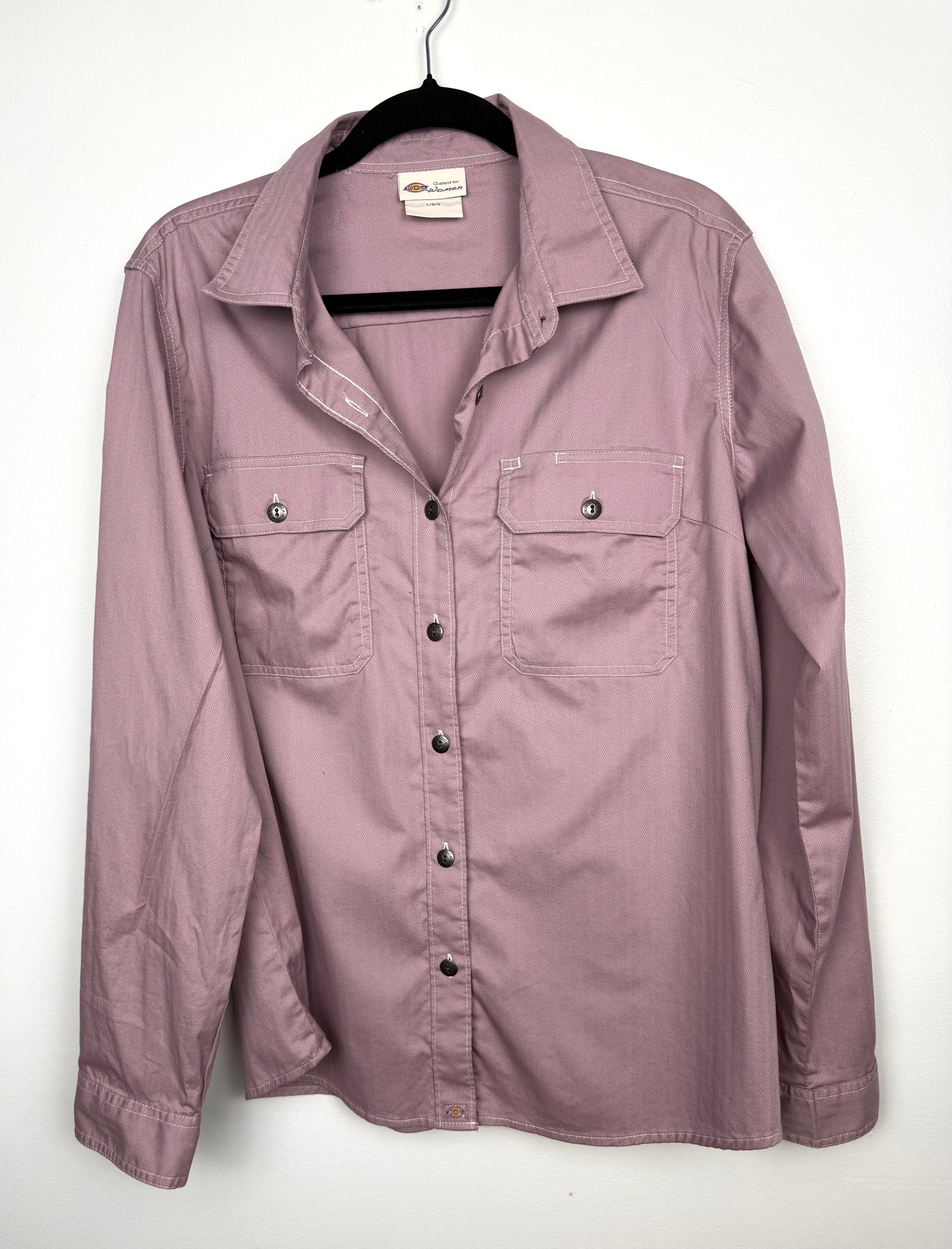 Dickies women’s mauve utility button down shirt with dual chest cargo pockets and long sleeves, workwear style structured top on hanger